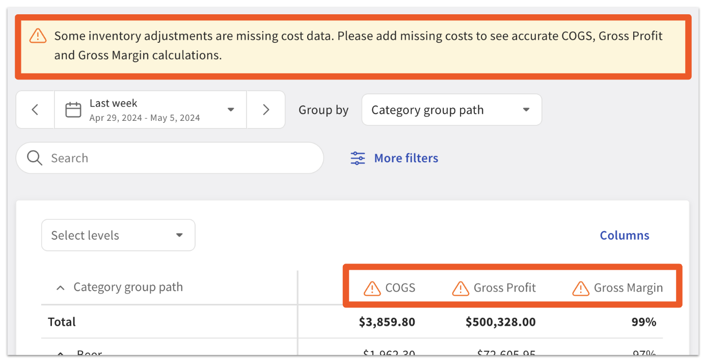 error message on Sales & COGS report indicating inventory cost data is missing