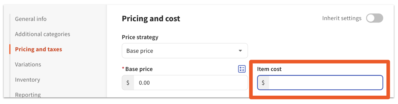 Pricing and cost section of item details page showing item cost