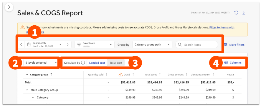 Sales & COGS report for Toast Retail showing date picker and filters on top, with a table showing summary data for different retail categories (quantity sold, gross amount, discount amount, total taxes, net amount)