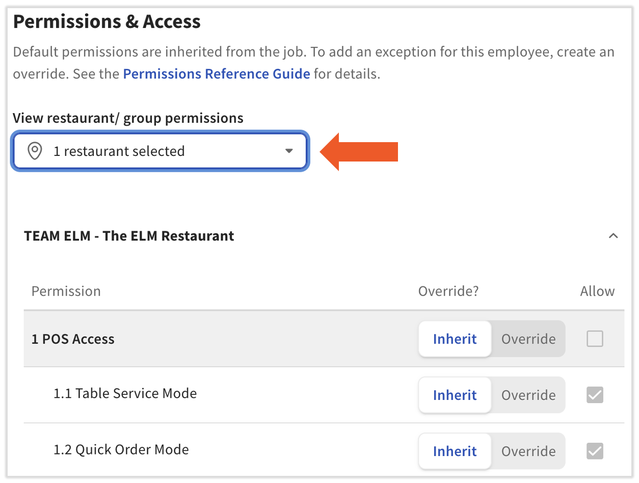 Permissions & Access tile with the View restaurant/ group permissions drop-down menu highlighted
