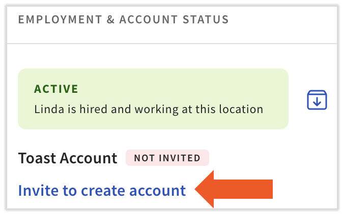 Overview tab of an employee profile with the Invite to create account link highlighted