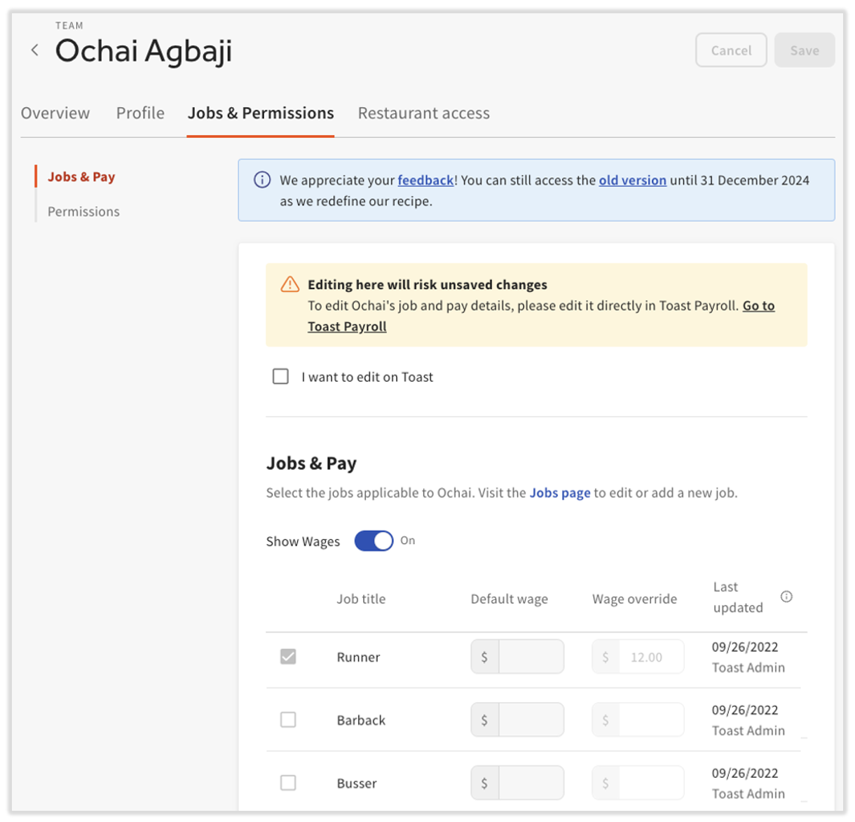 The Jobs & Permissions tab of the new employee profile