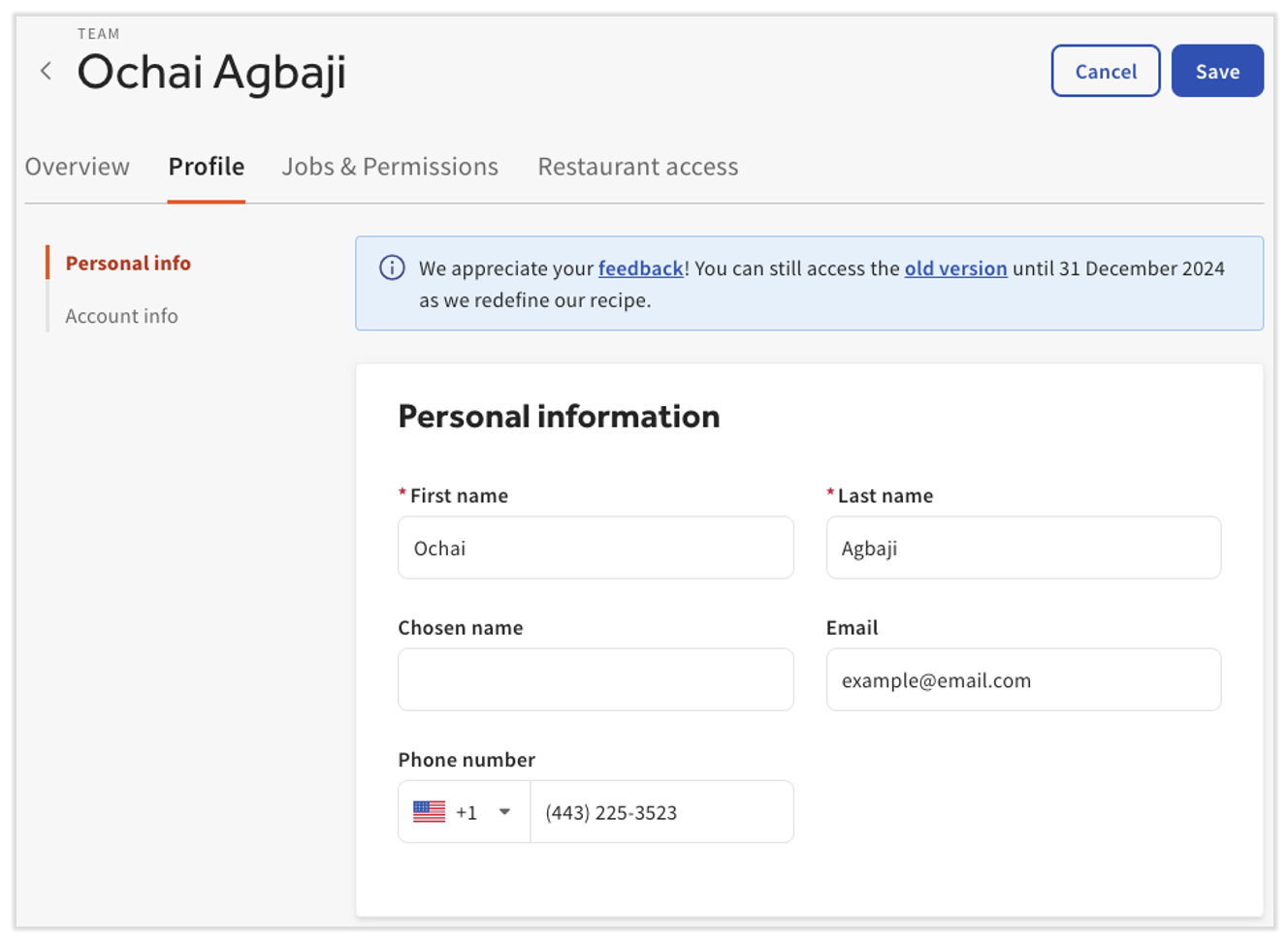 The Profile tab of the new employee profiles in Toast Web