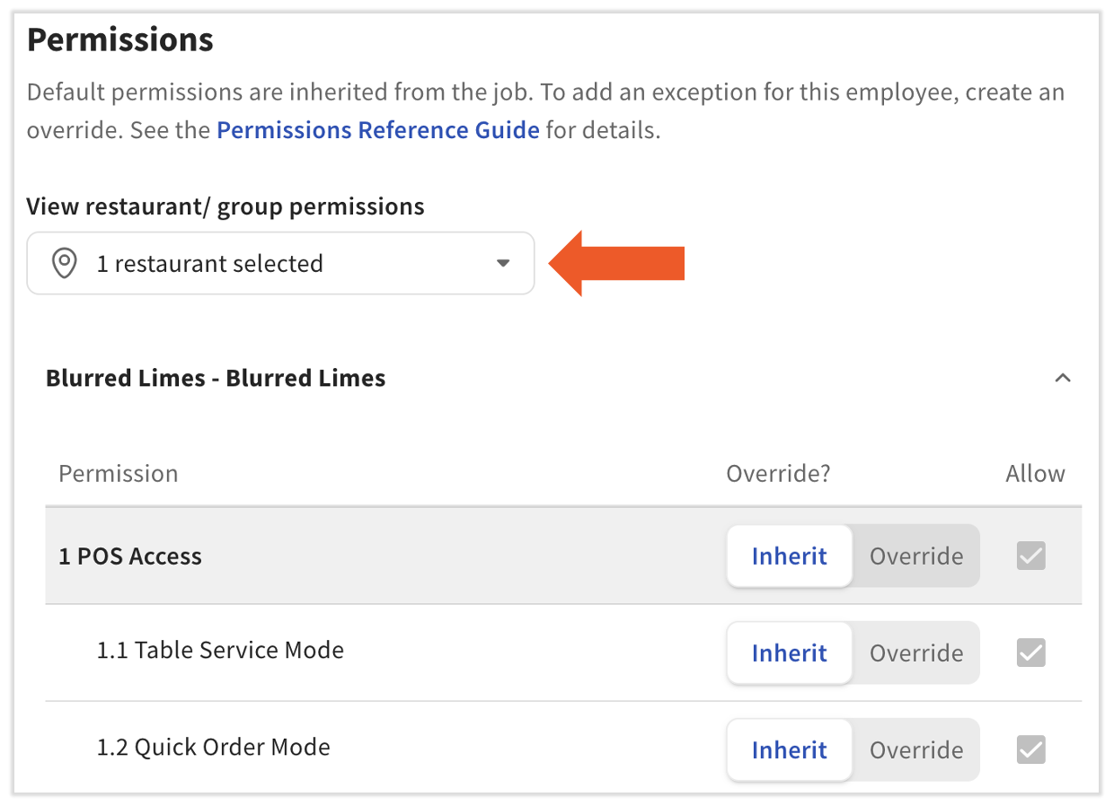 Permissions tile on the Jobs & Permissions page with the View restaurant/ group permissions drop-down menu highlighted