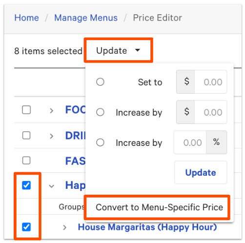 Use Price Editor to Update and Convert to Menu-Specific Price