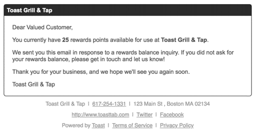 Guest loyalty/rewards email example after Find now is selection.
