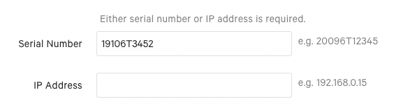 On the Printer and Cash Drawer Configuration page setting Serial number field is populated, IP address field is blank