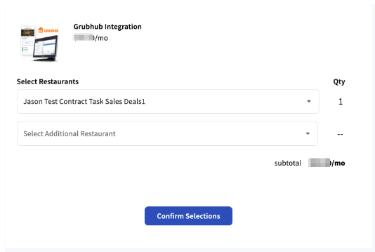 Purchase selection for the Grubhub integration in Toast Shop.