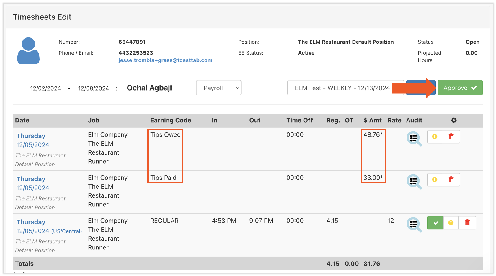 Employee timesheets with different tip earnings