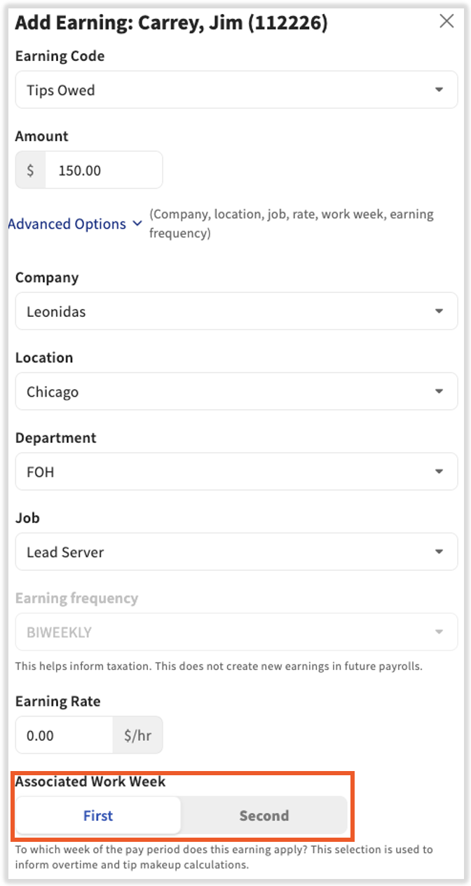 Associated work week setting in one-time earning on payroll