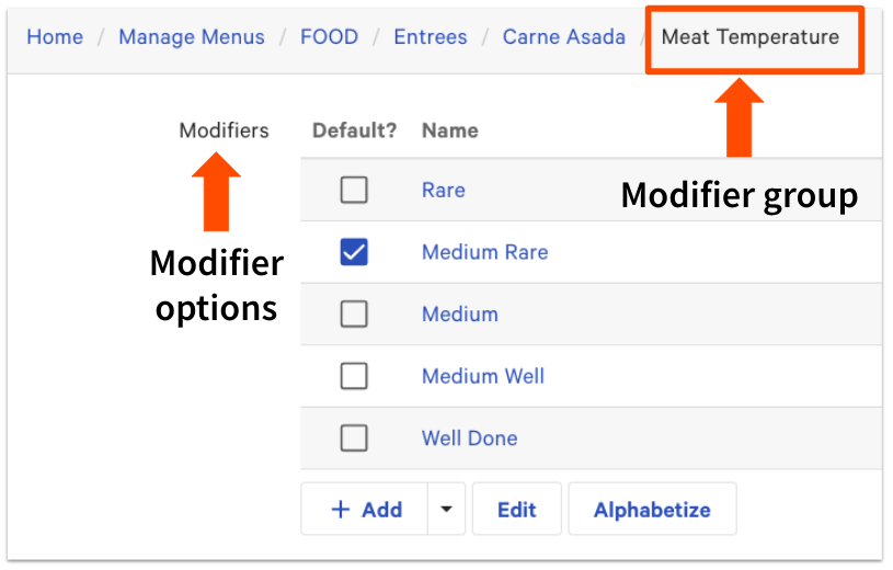 example of modifier group and options