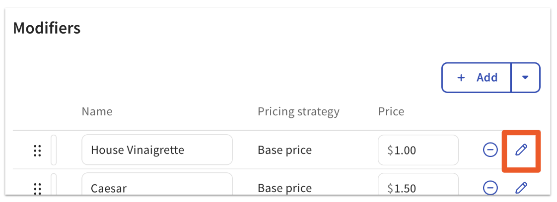 Pencil icon next to name of modifier on modifier group details page