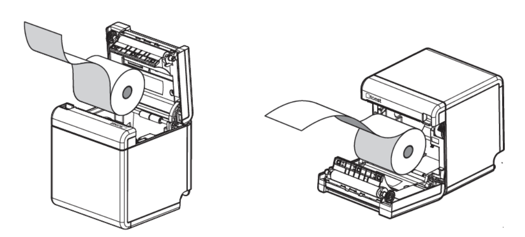 Diagram of how to remove & reinsert paper roll in printer