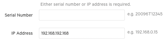 On the Printer and Cash Drawer Configuration page settings Serial number field is blank, IP address field is populated