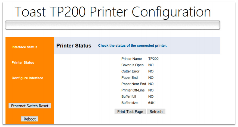 Toast TP200 Printer Configuration page