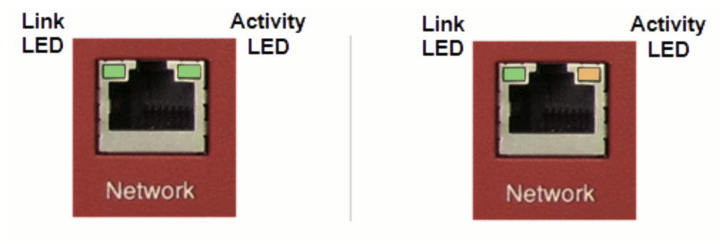 side-by-side of network cable lights. first picture shows green link LED and green activity LED; second picture shows green link LED and orange activity LED