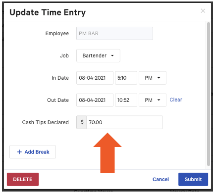 Updating declared cash tips on a time entry