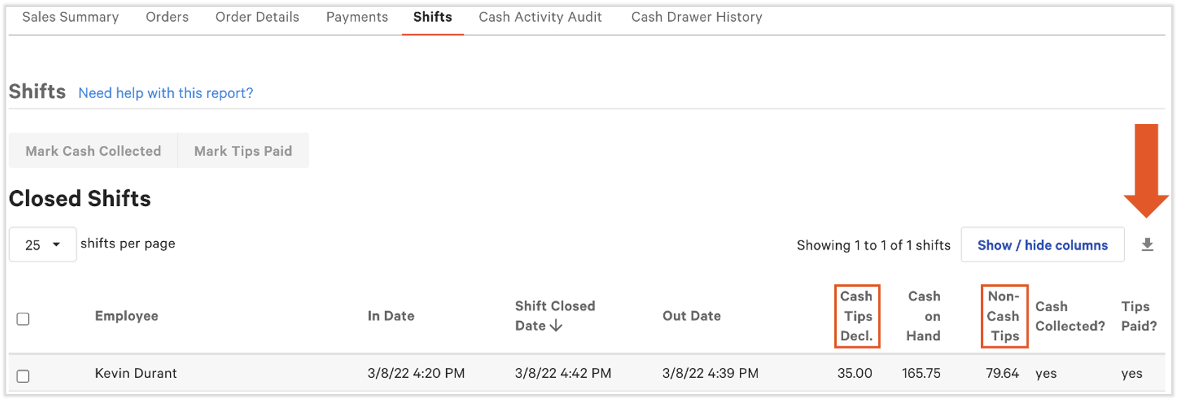 Shift report of the sales summary with cash and non-cash tips showing