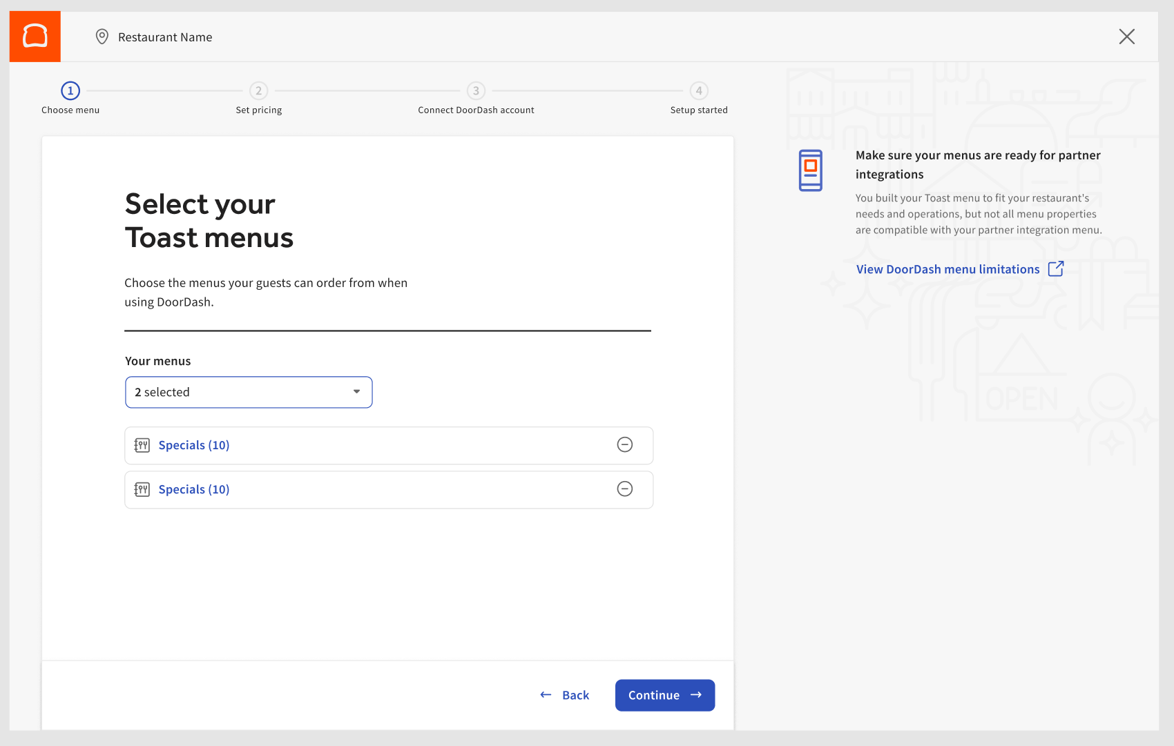 Select your Toast menus page
